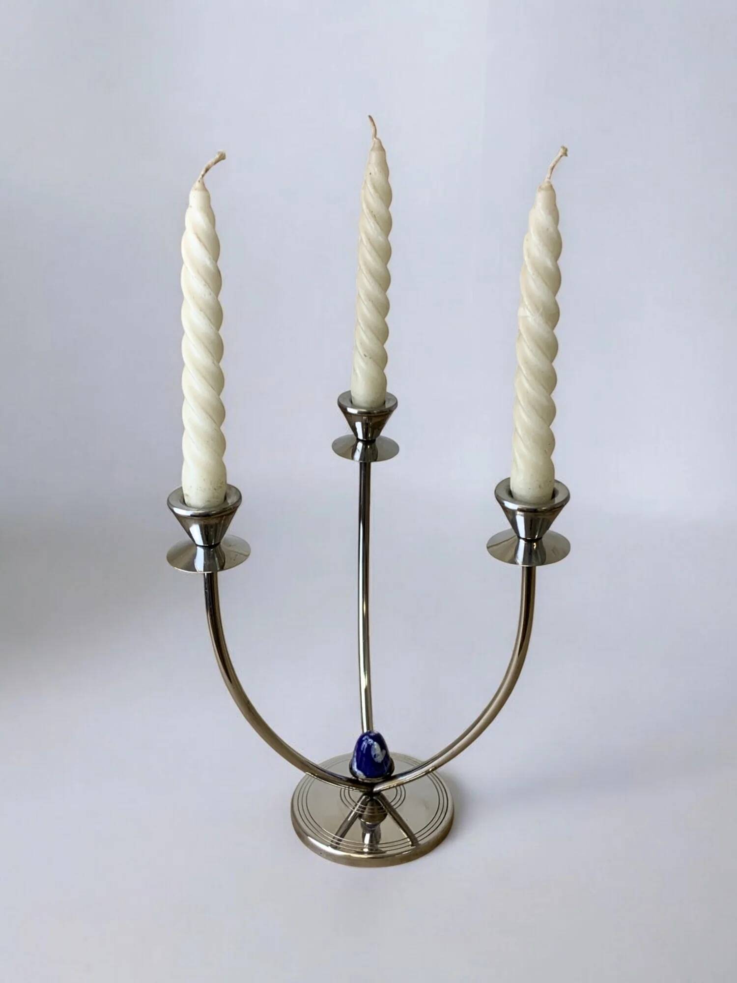 Art deco candlestick in stainless steel, 3 flames and blue stones, Spain, circa 1970s