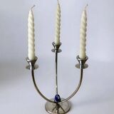 Art deco candlestick in stainless steel, 3 flames and blue stones, Spain, circa 1970s