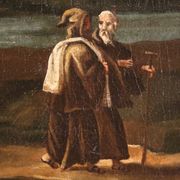 Peinture ancienne de paysage avec personnages du XVIIIe siècle