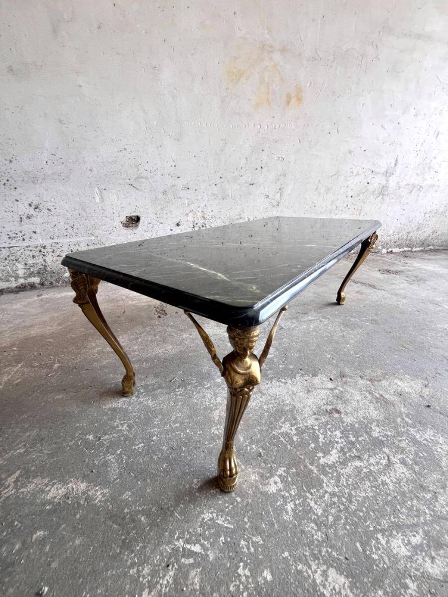 Vintage Dark Green Marble Coffee Table with Gilded Metal Ornate Legs, Mid-Century