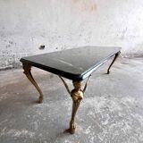 Vintage Dark Green Marble Coffee Table with Gilded Metal Ornate Legs, Mid-Century
