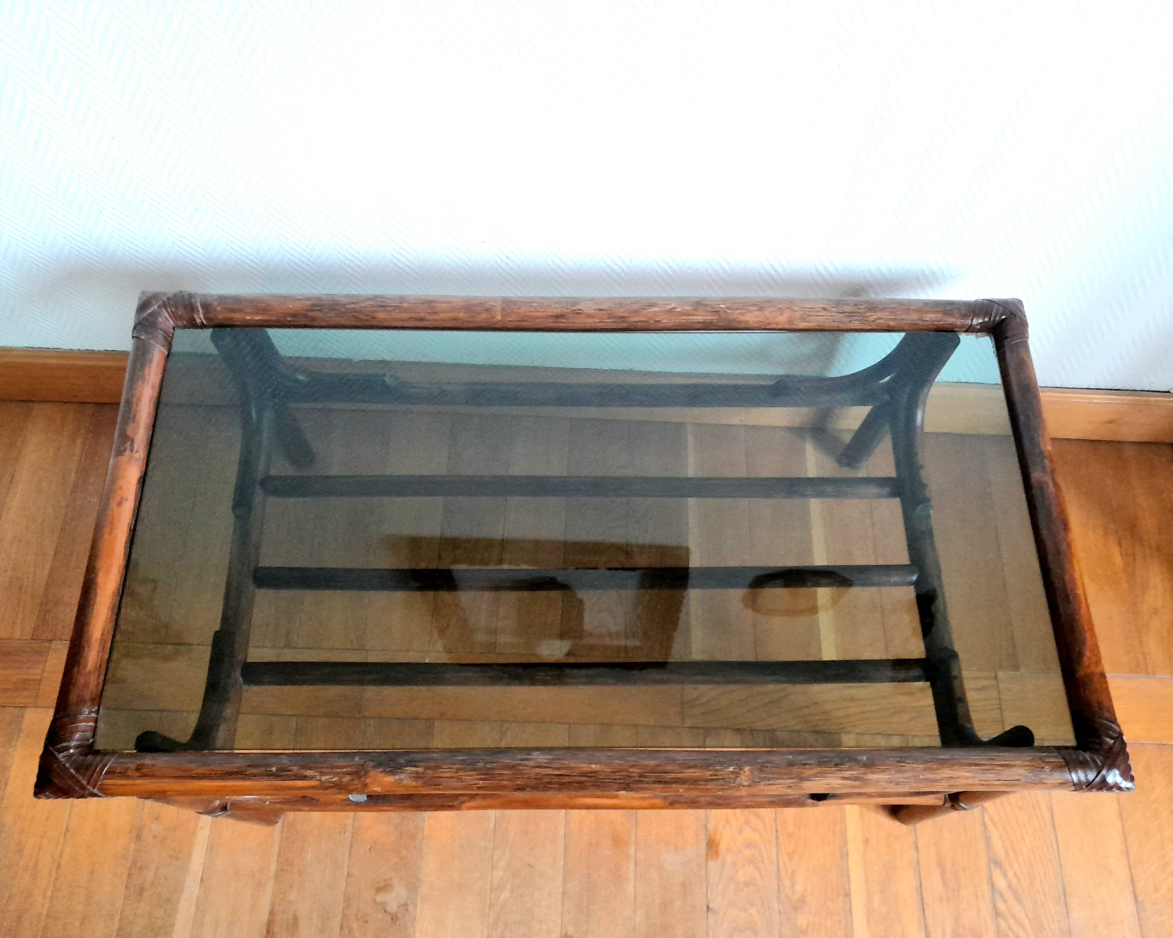 Vintage rattan and smoked glass coffee table 1960