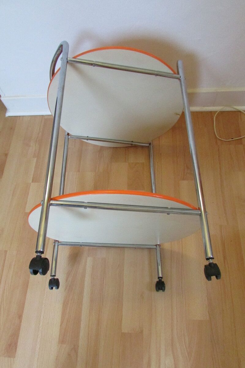 Pedestal table, vintage service on wheels, orange and white