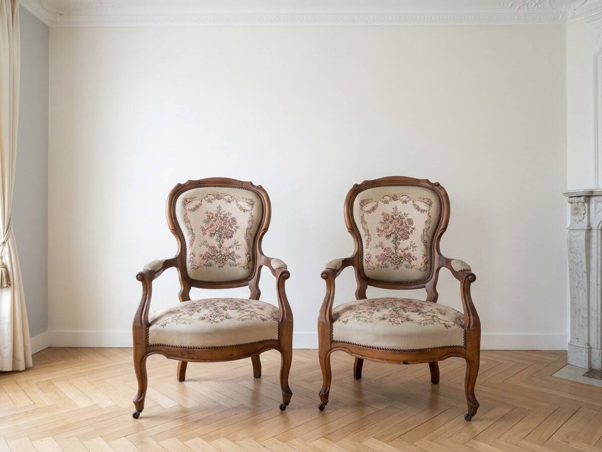 Pair of Voltaire armchairs in wood and floral fabric