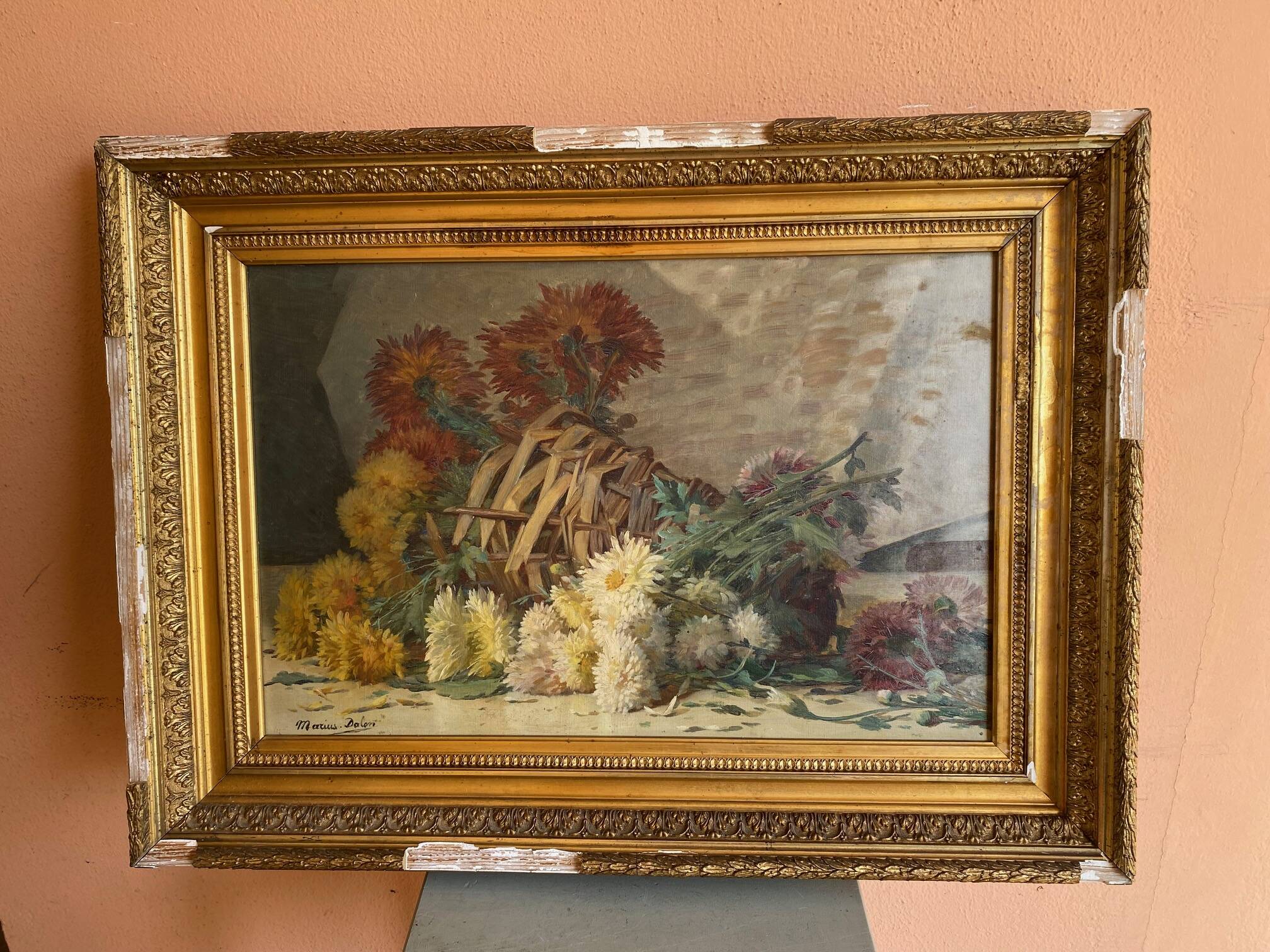 STILL LIFE BOUQUET OF DAHLIAS OIL PAINTING SIGNED MARIUS DALON EARLY 20TH CENTURY