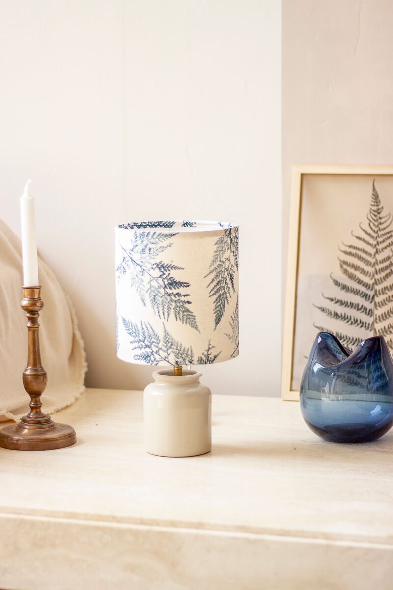 White enamelled mustard pot lamp - fern pattern