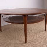 Danish round coffee table in teak, brass and cane, model FD 515 by Peter Hvidt 1960.