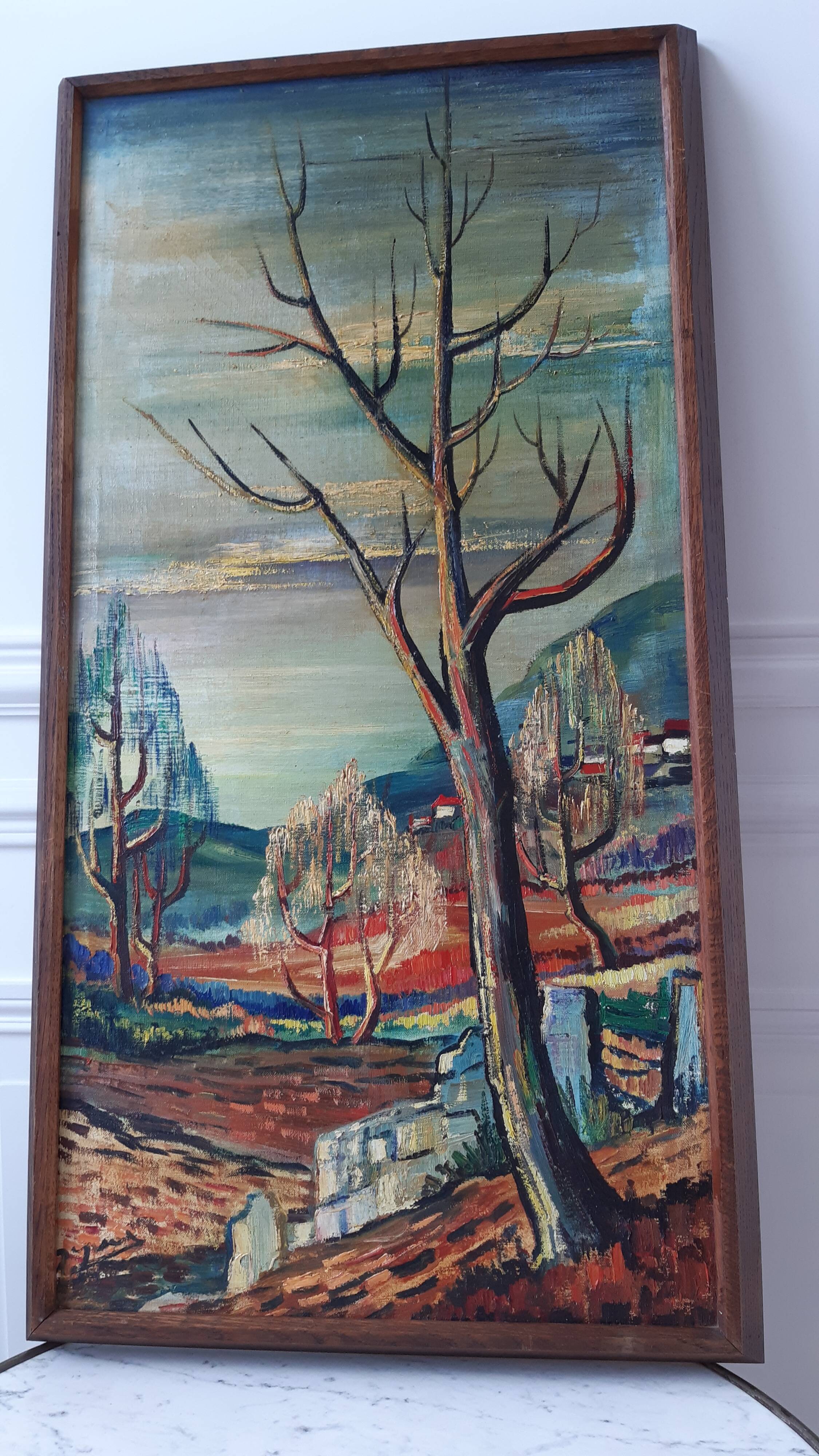 Oil painting on canvas landscape expressionist trees 30-40s signed
