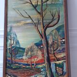 Tableau huile sur toile paysage arbres expressionnistes années 30-40 signé
