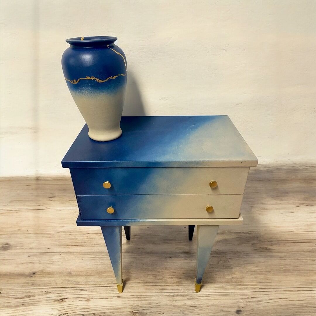 Navy blue and beige tie-dye bedside table