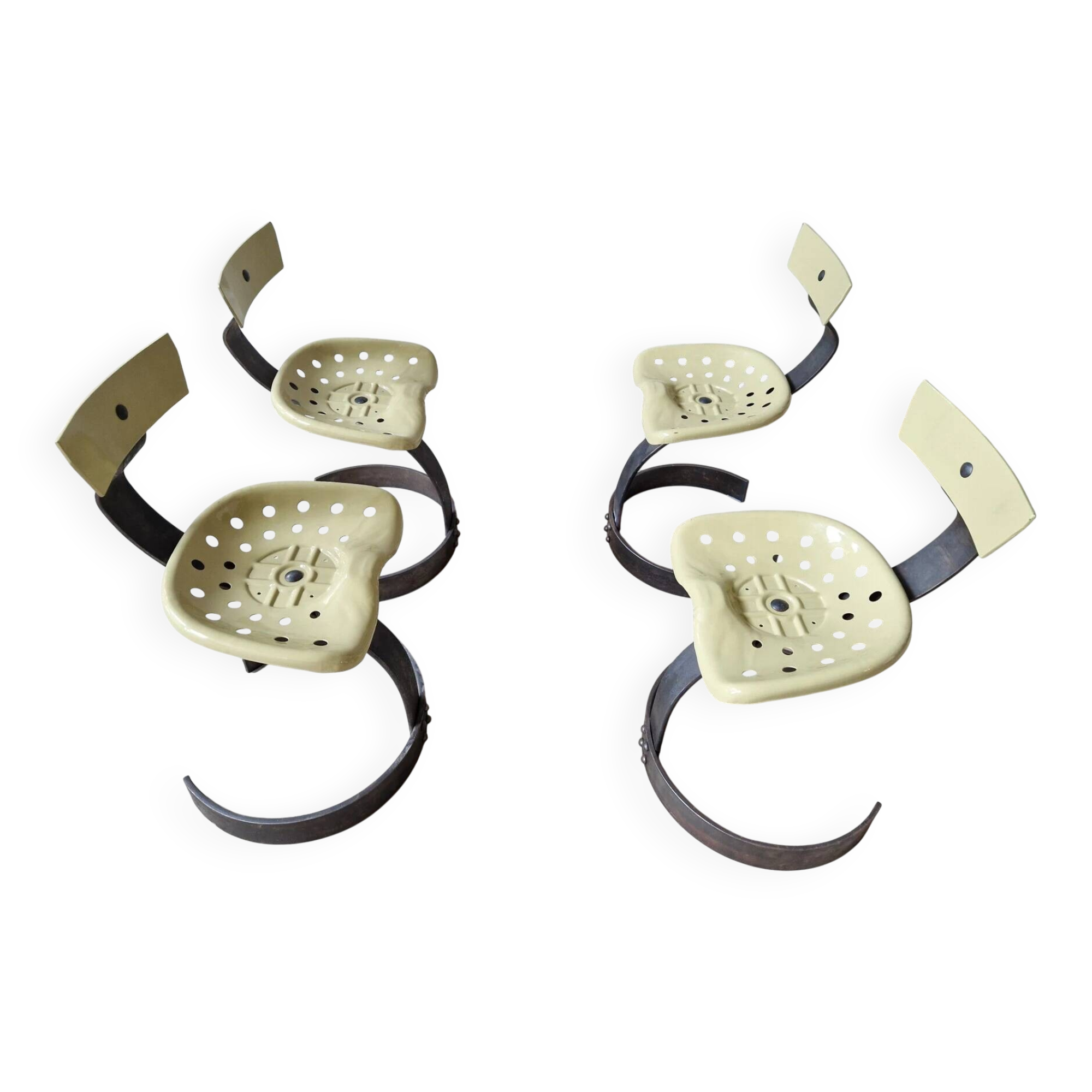 Unique set of 4 metal tractor seat chairs, 1990