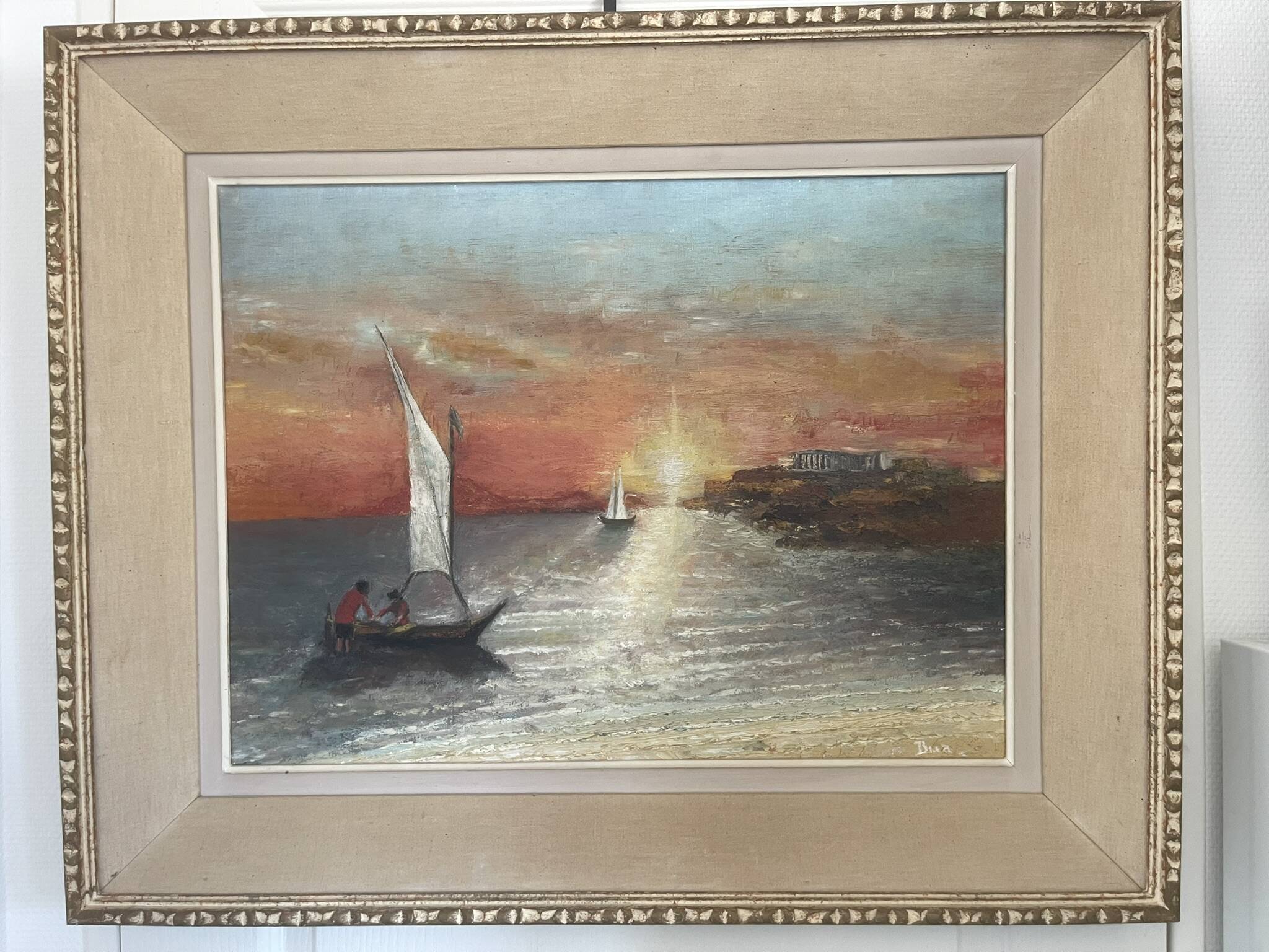 Oil Painting Canvas Sunset Boat Sea Sailboat Frame 62x