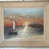 Oil Painting Canvas Sunset Boat Sea Sailboat Frame 62x