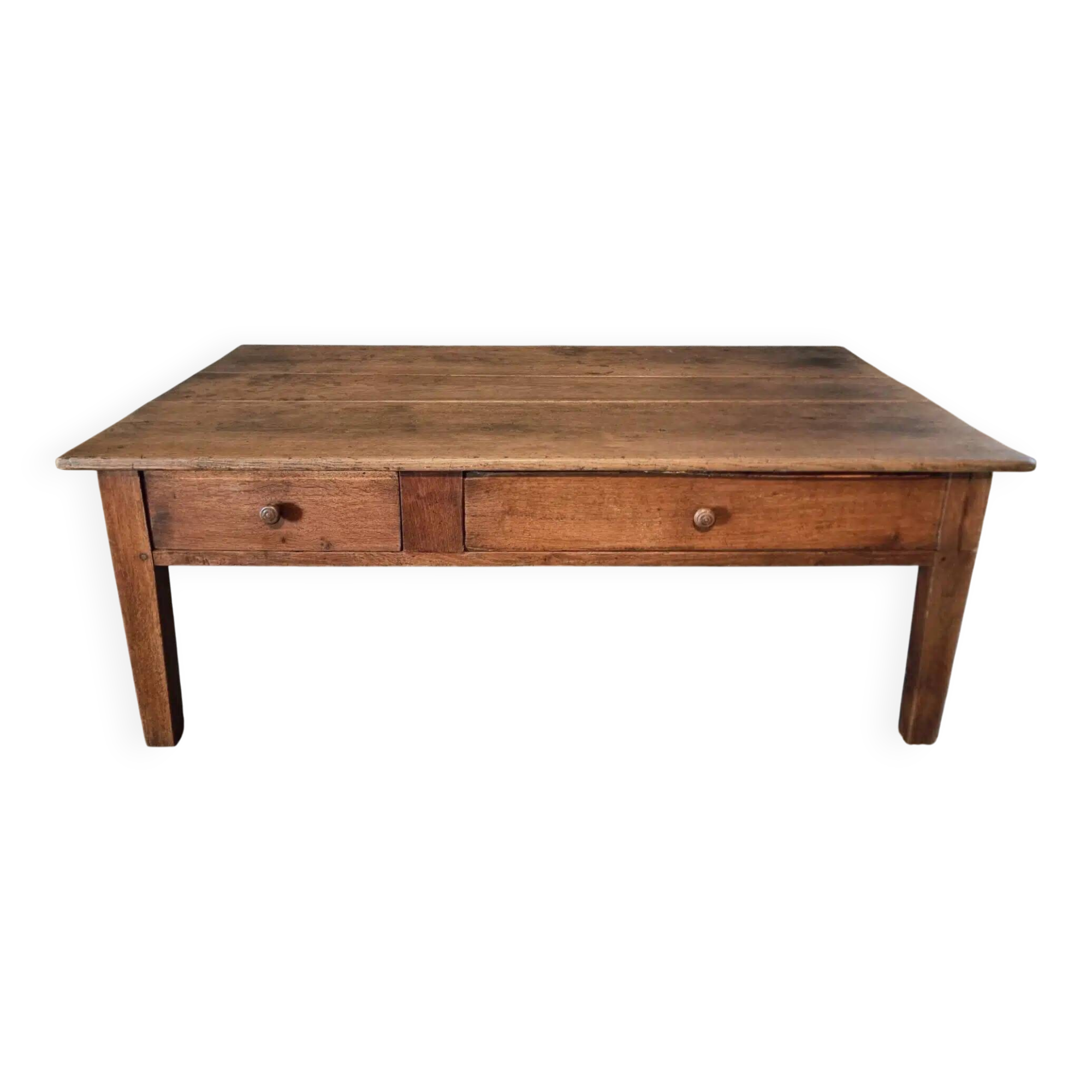 Table basse ancienne en chêne français – Table de ferme rustique du XIXe siècle avec tiroir et panneau de rangement coulissant, vers 1850