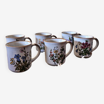 6 grandes tasses en grès de Corée du Sud décor floral