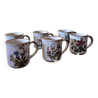 6 large stoneware cups from South Korea with floral decoration