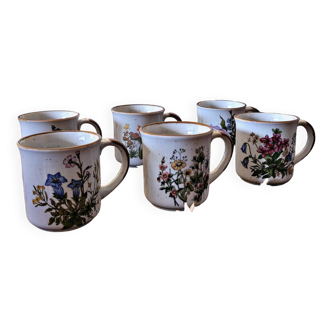 6 grandes tasses en grès de Corée du Sud décor floral