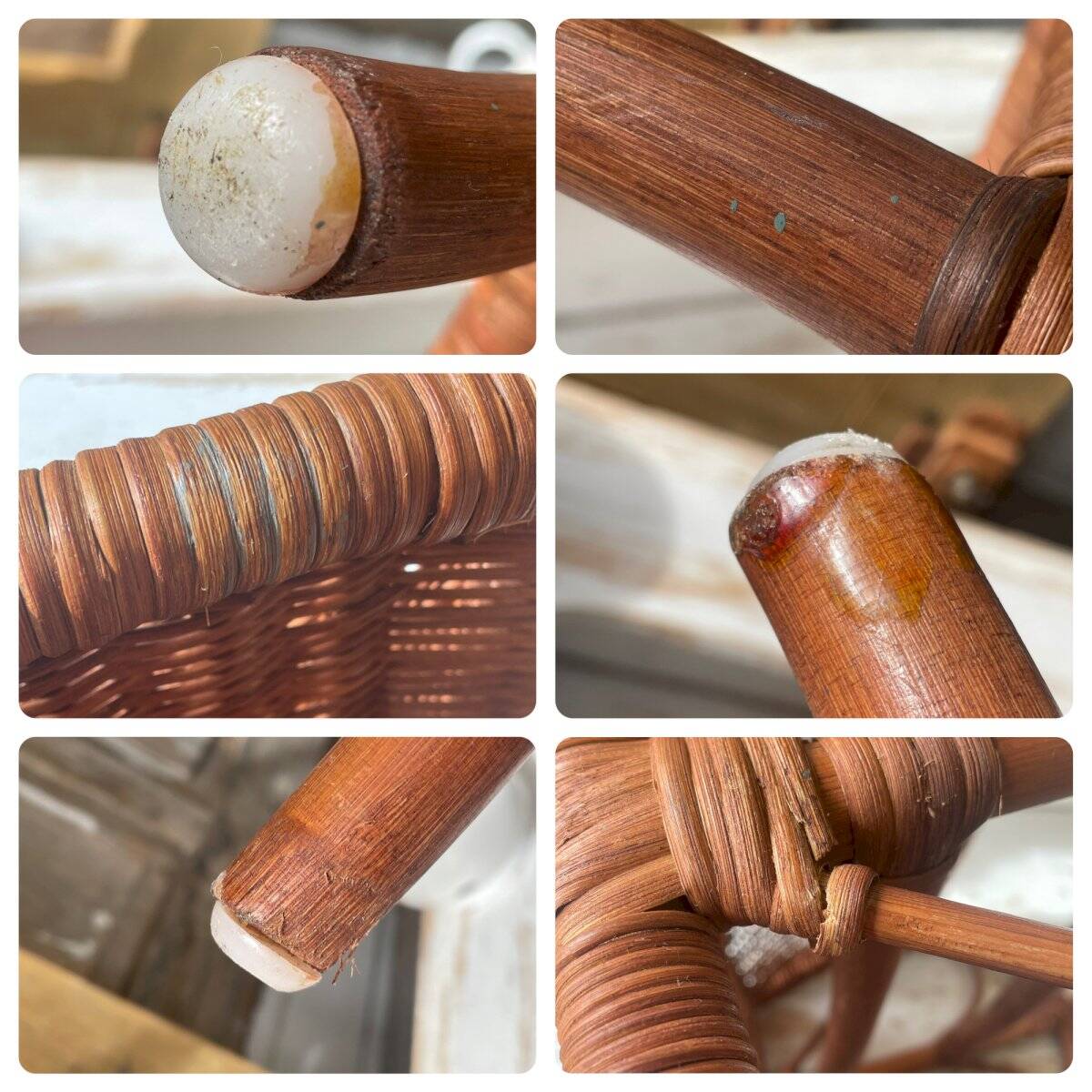 Magazine rack in turned wood and light brown rattan