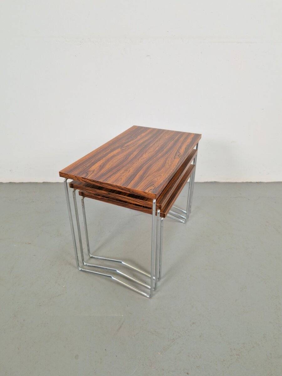 Tables gigognes en chrome et bois de Brabantia, années 1970, ensemble de 3