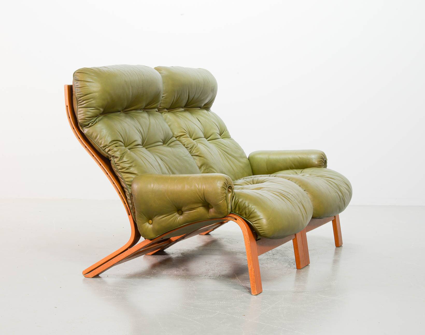Scandinavian Rybo Rykken Olivegreen Leather 2-Seat Ry-Wing Lounge Sofa, 60s
