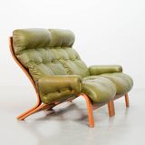 Scandinavian Rybo Rykken Olivegreen Leather 2-Seat Ry-Wing Lounge Sofa, 60s