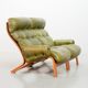 Scandinavian Rybo Rykken Olivegreen Leather 2-Seat Ry-Wing Lounge Sofa, 60s