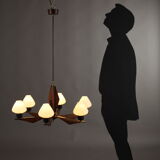 Vintage aluminum and teak chandelier, Italy, 1960s