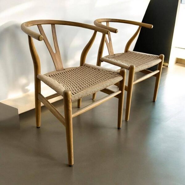 2 chaises de salle à manger en teck et corde