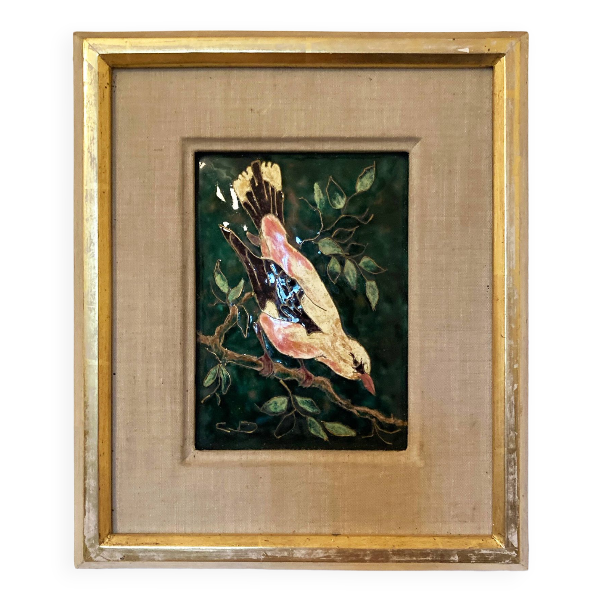 Emaux de Limoges, "Le Loriot", signed by master enameler Christiane Dujardin, 1950s-1960s