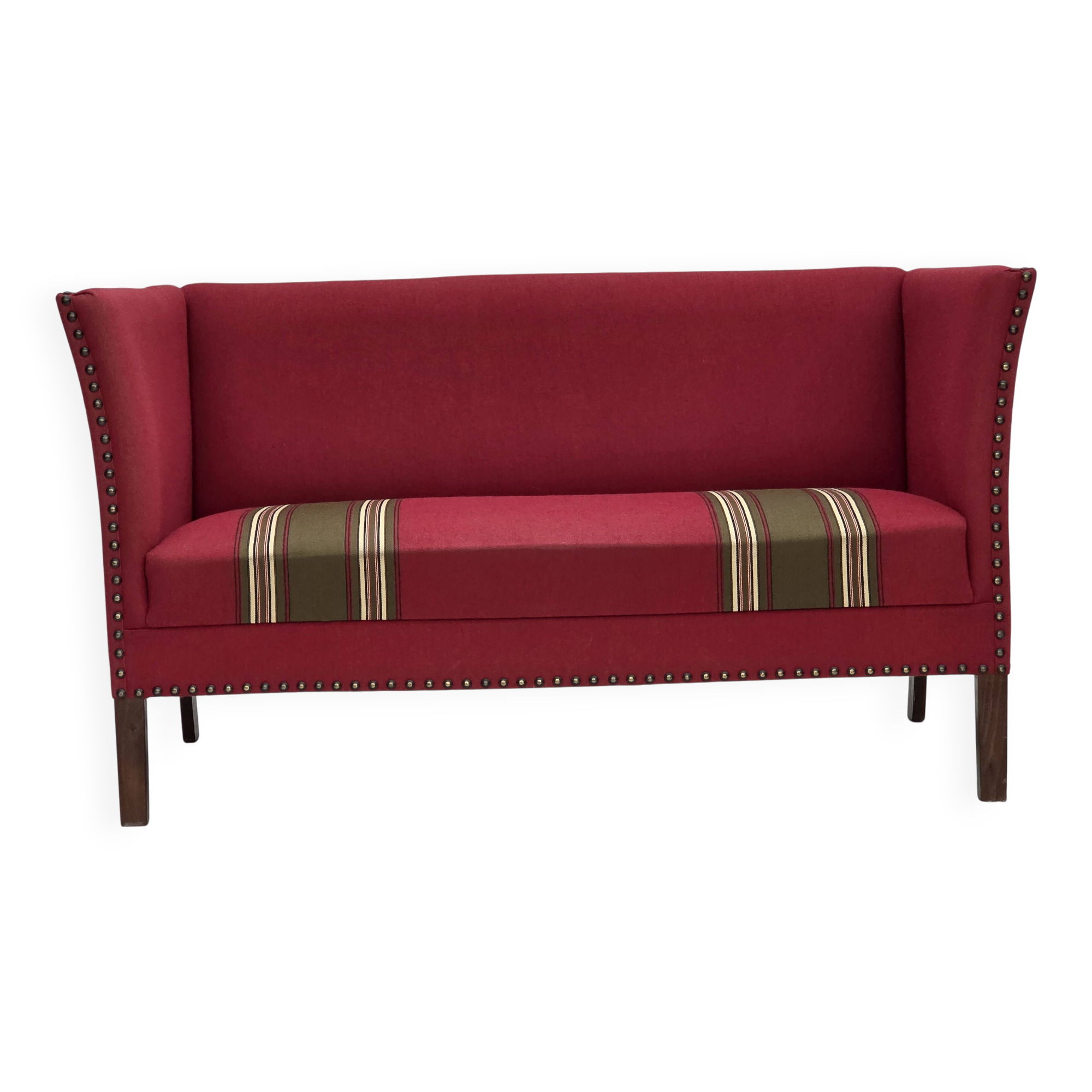 1970s, Danish 2-seater sofa, original red furniture wool, ash wood.