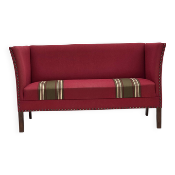 1970s, Danish 2-seater sofa, original red furniture wool, ash wood.