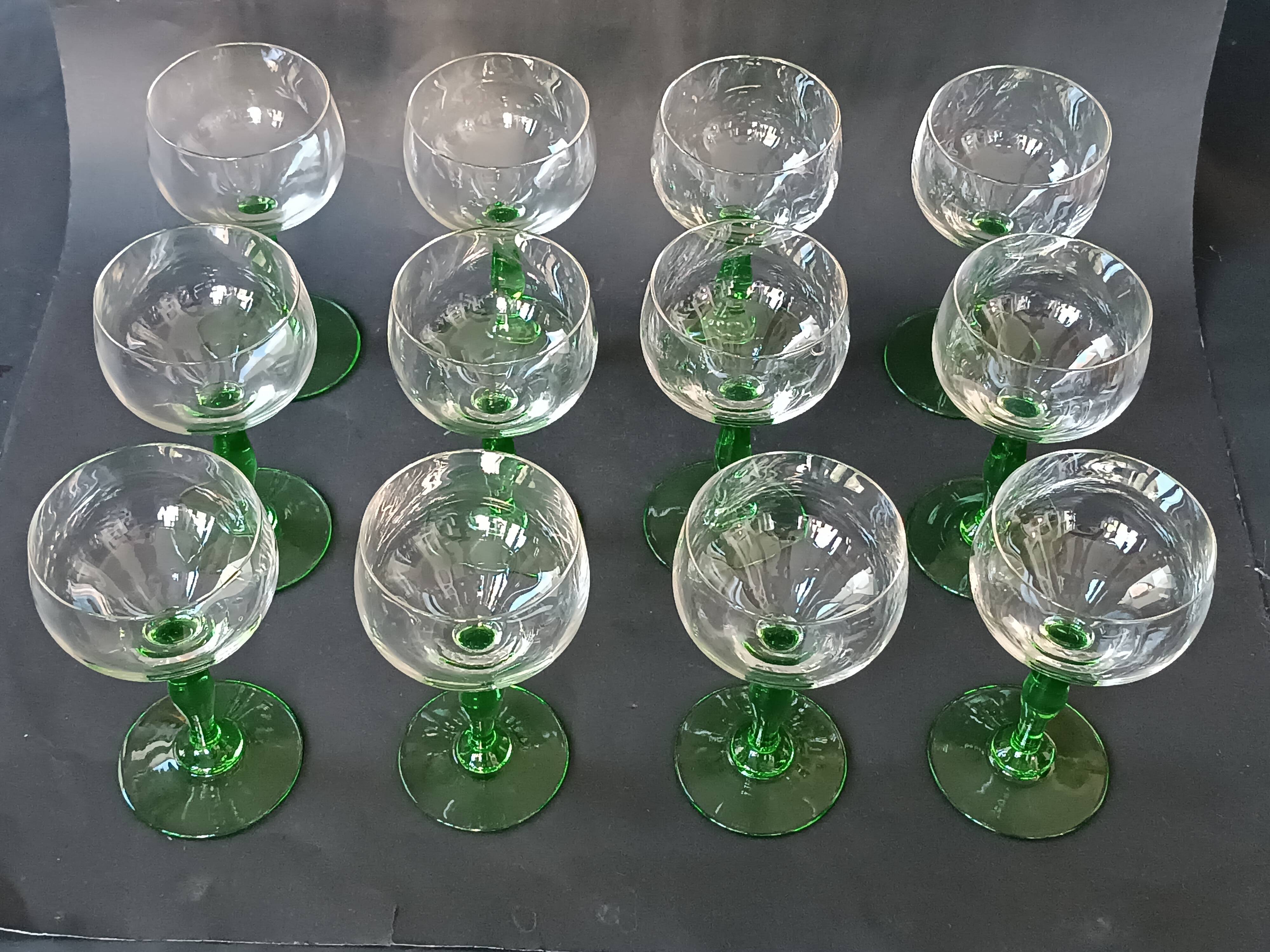 12 green footed wine glasses in opaline blown crystal 1900