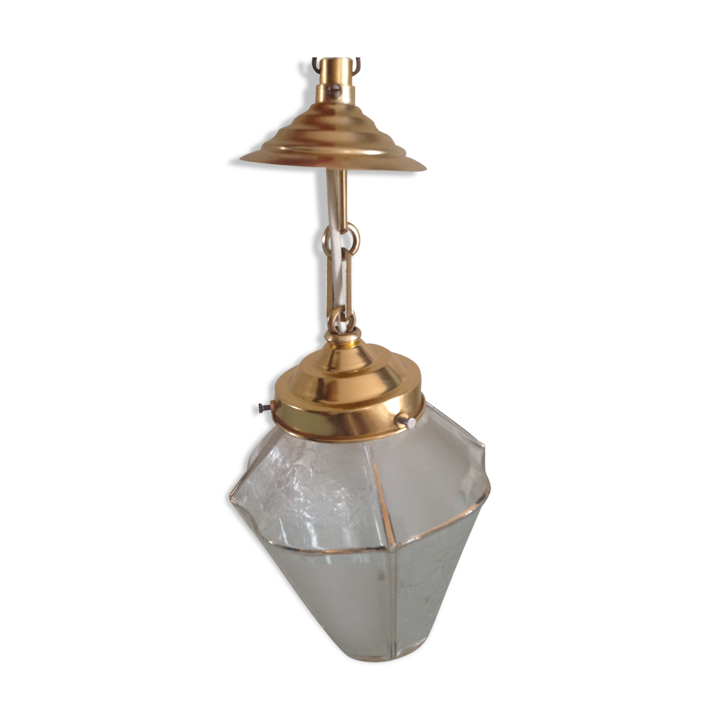 Suspension lanterne quatre faces  en verre dépoli et métal doré art déco / art nouveau