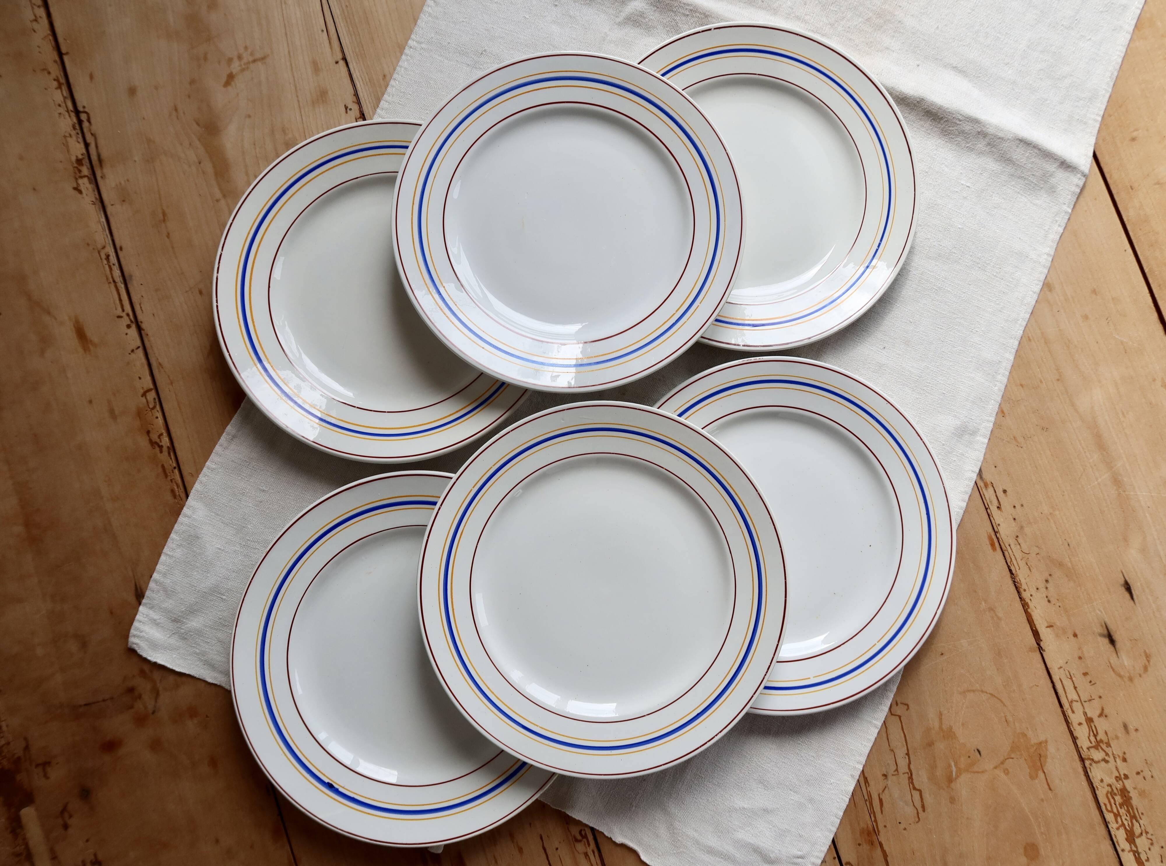 Vintage flat plates Céranord Saint-Amand red, blue, yellow stripes