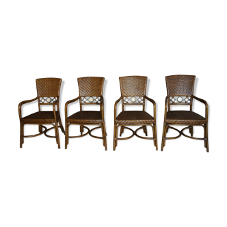 Série de 4 chaises à accoudoirs design des années 60 en rotin et métal