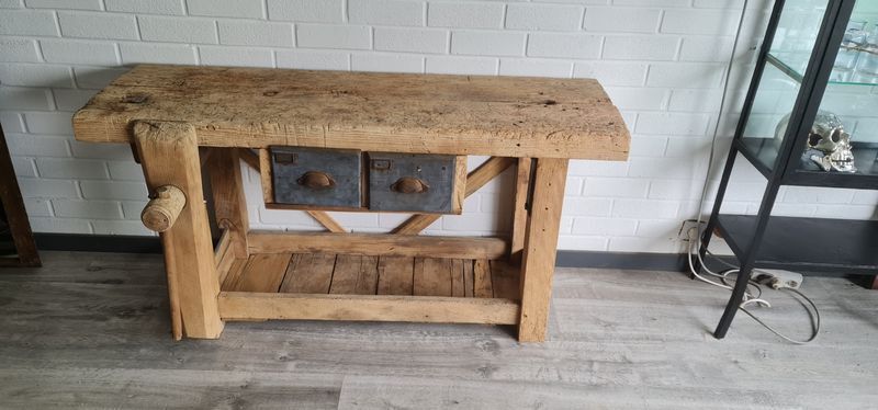 Old carpenter's workbench two drawers, industrial furniture