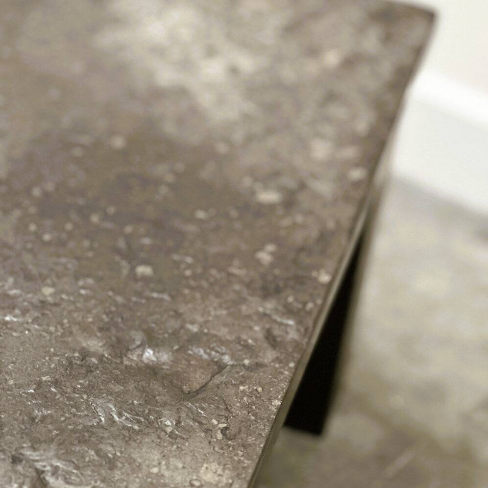 French 1970s slate & solid oak coffee table — textural slate slab, sculptural presence