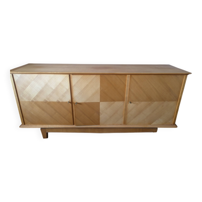 Enfilade moderniste à motif damier en marqueterie de bois clair & acajou,