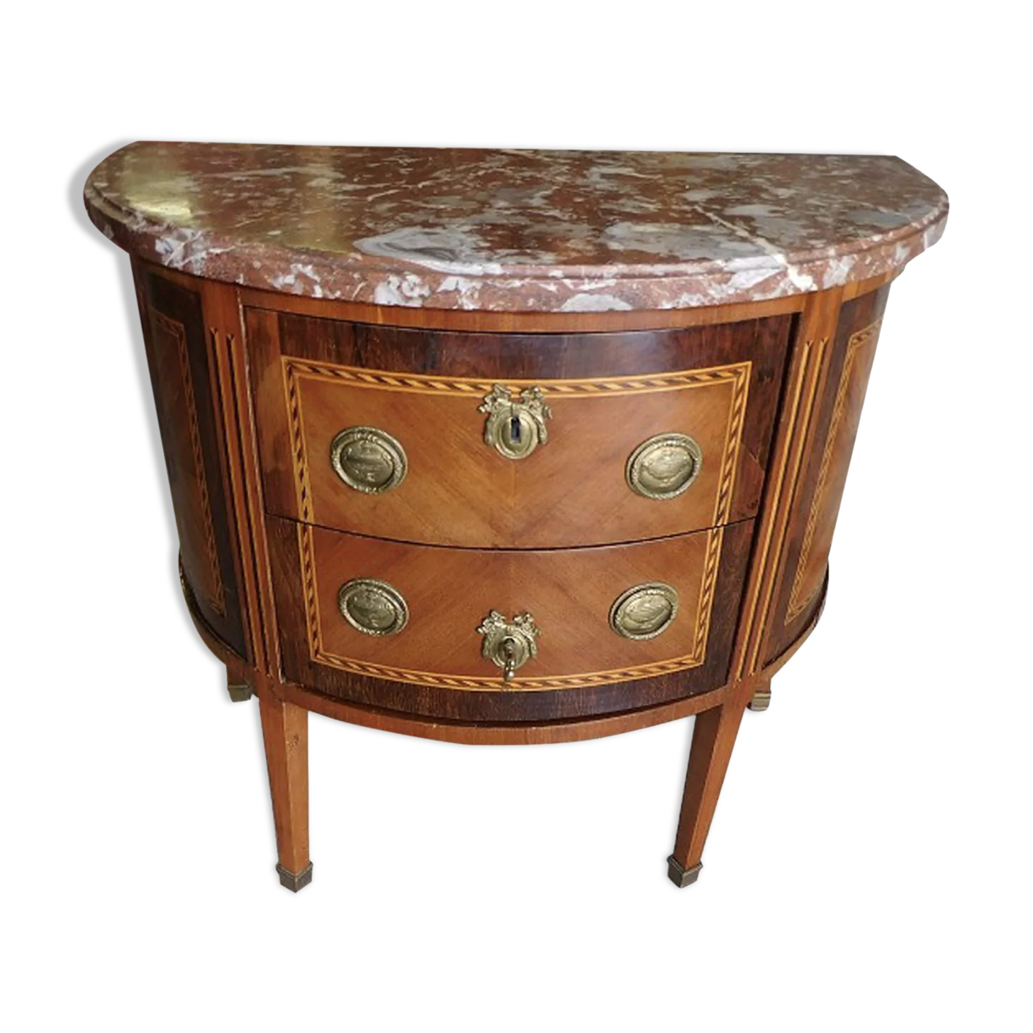 Chest of drawers half moon marquetry 2 drawers marble top late nineteenth century