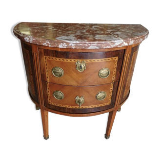 Commode demi lune en marqueterie 2 tiroirs plateau marbre fin du xix ème siecle