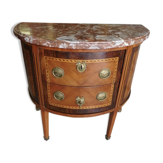 Chest of drawers half moon marquetry 2 drawers marble top late nineteenth century