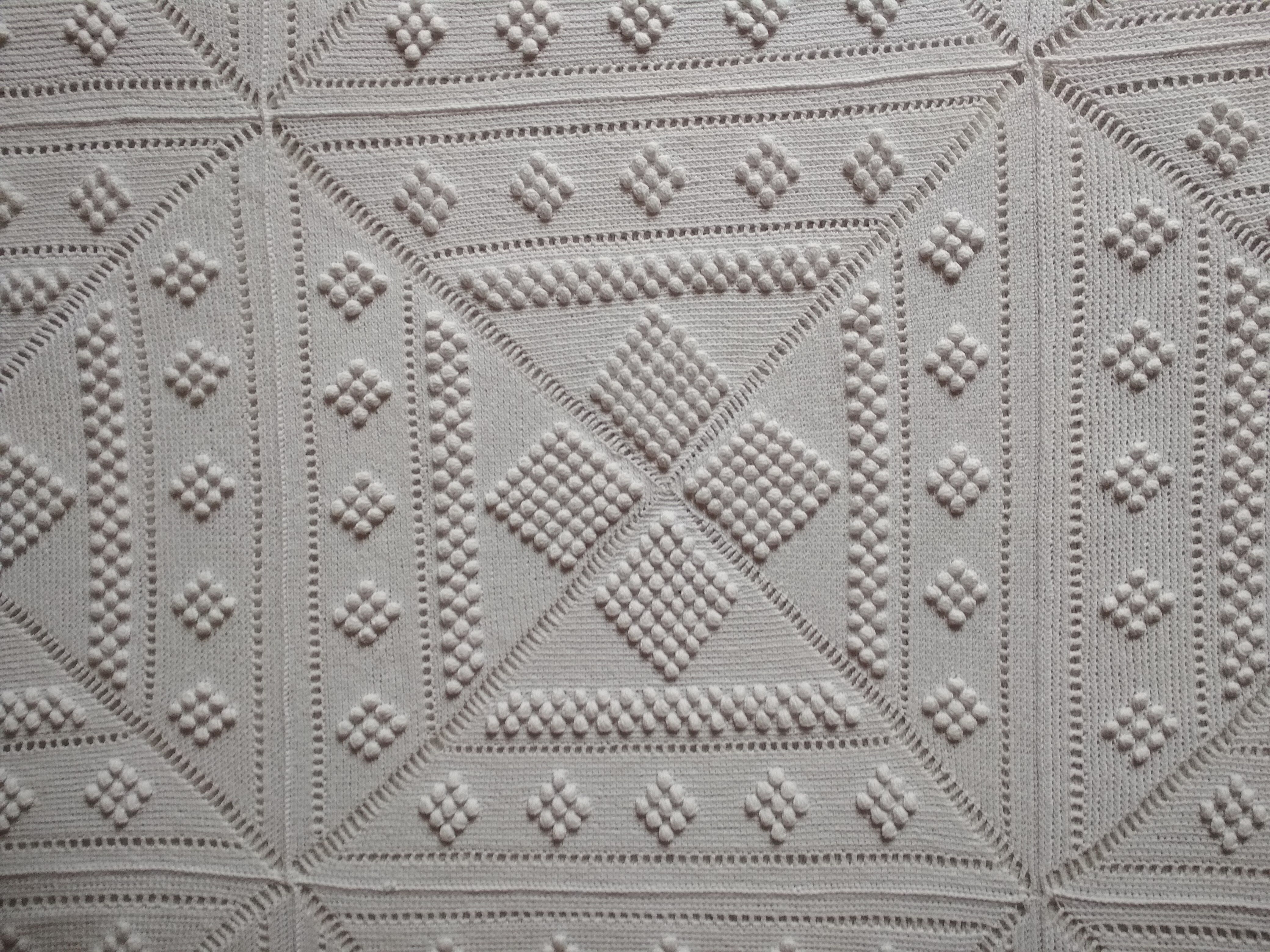 White cotton bed top, old crochet bed throw
