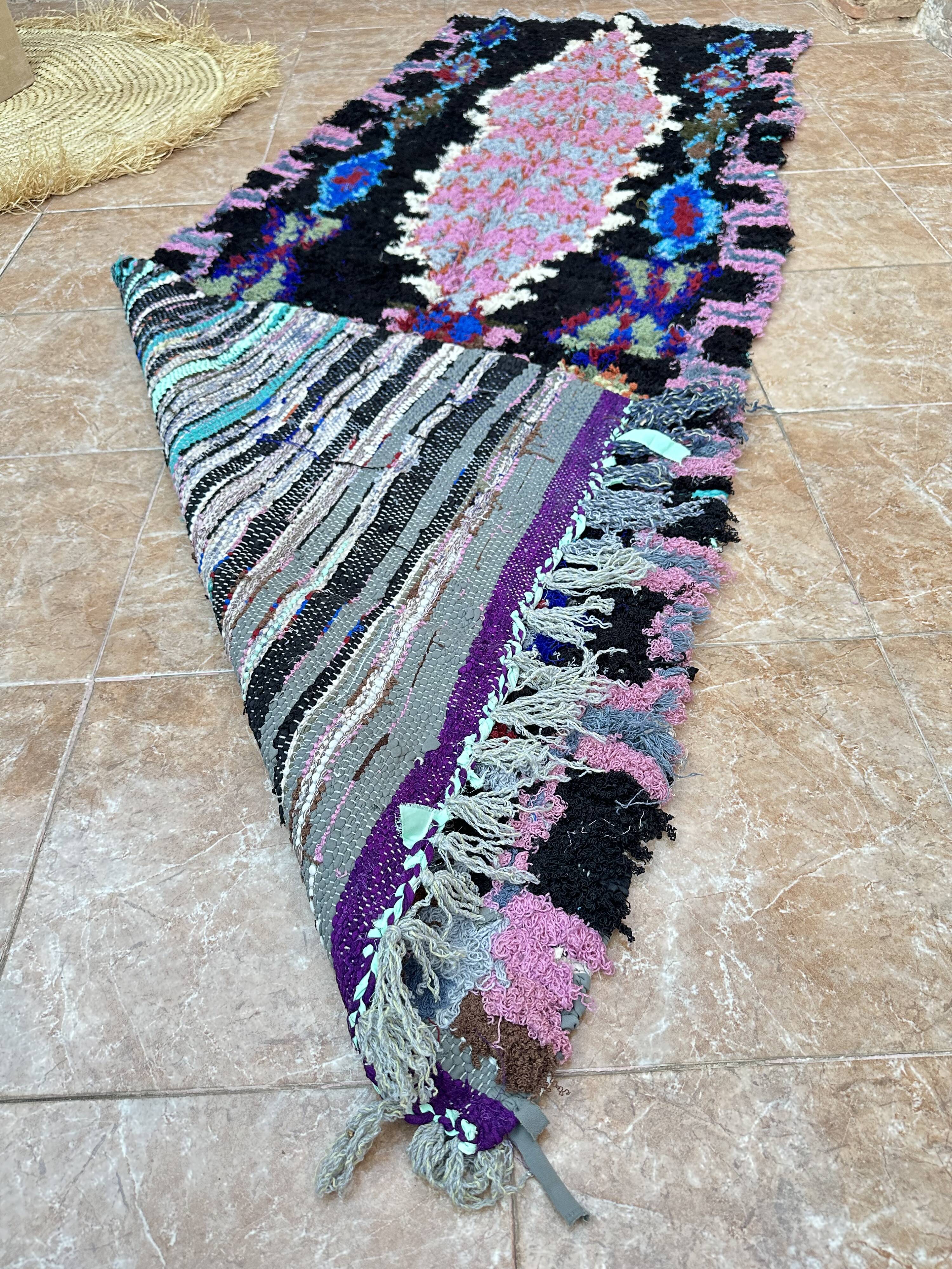 Vintage Berber Boucherouite hallway rug: Handwoven Moroccan rug.