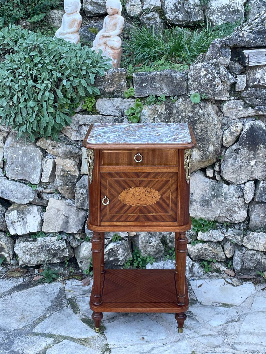 Bedside table in wood marquetry from the 19th century