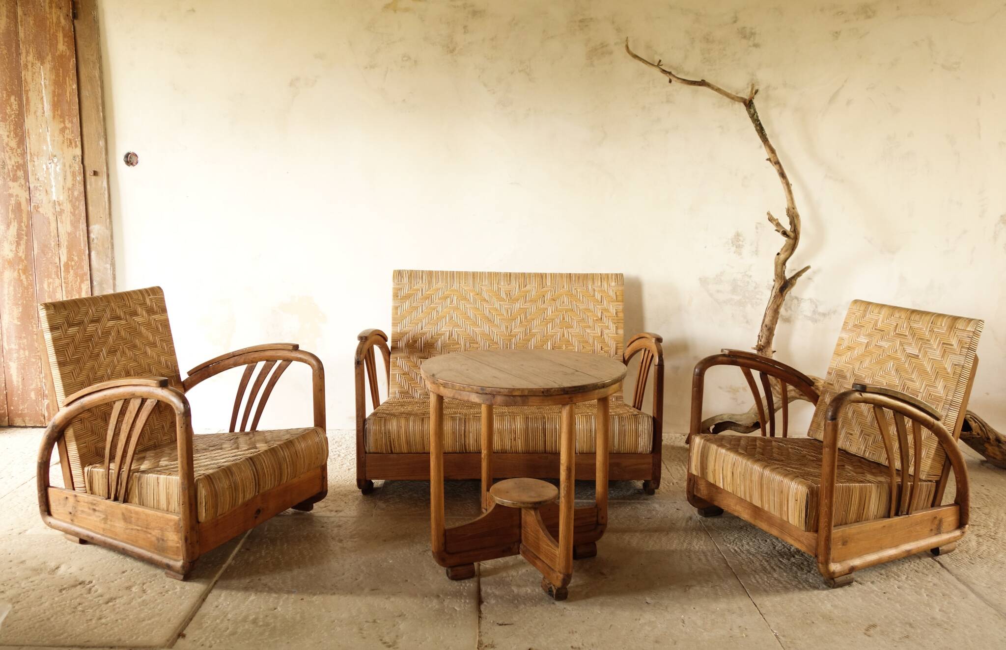 Art Deco Rattan and Teak Living Room Set from the 40s-50s.
