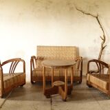 Art Deco Rattan and Teak Living Room Set from the 40s-50s.
