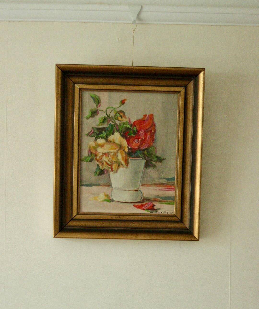 Original Swedish oil on panel – "Still Life: Vase of Roses"