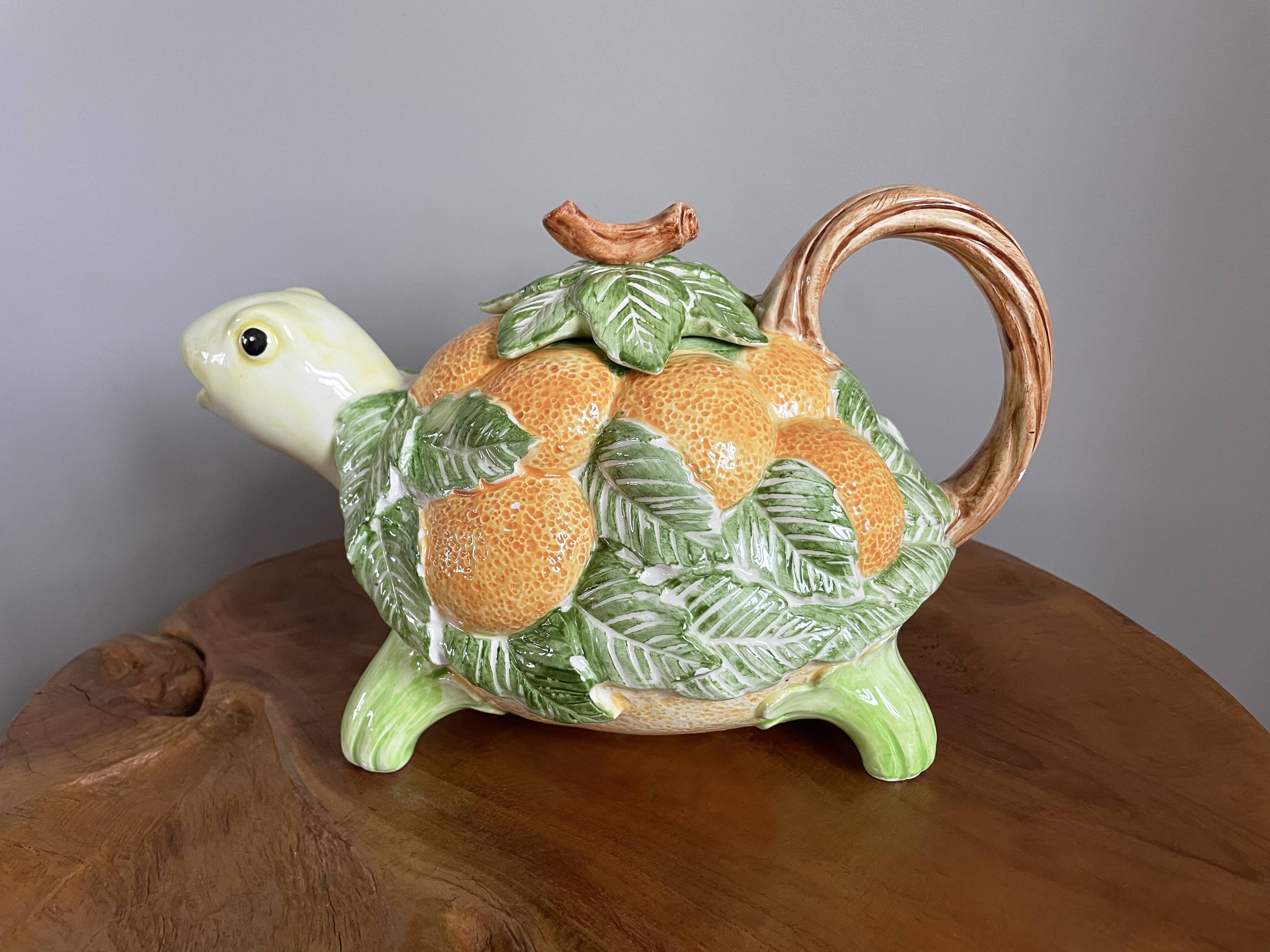 Fitz & Floyd ff1986 turtle jug or teapot with oranges and leaves, american majolica tableware