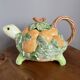 Fitz & Floyd ff1986 turtle jug or teapot with oranges and leaves, american majolica tableware