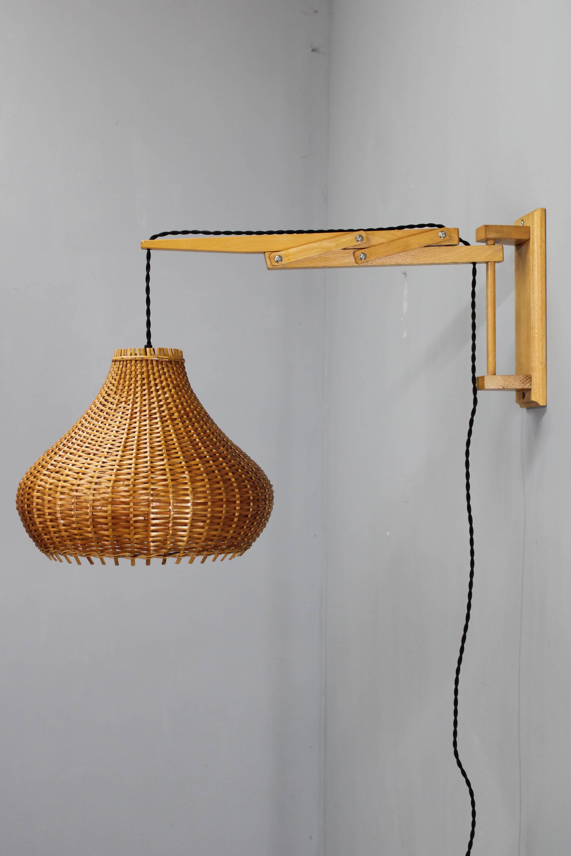 Mid-century adjustable wooden wall lamp with rattan shade, Lipta, 1970s